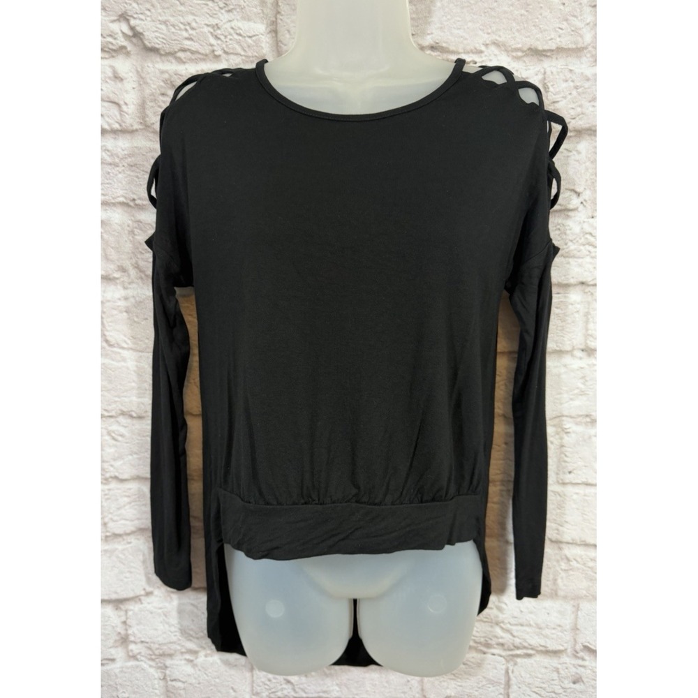 VENUS Black Stretch Hi-Lo Tunic Top XS Criss Cross Cut Out Shoulders Long Sleeve